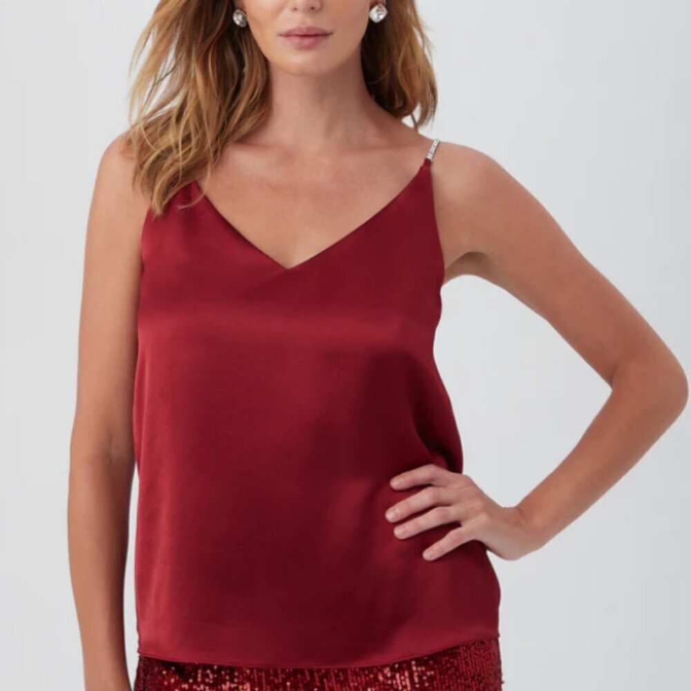 Trina Turk 'Sella' Rhinestone-Strap Satin Camisole Tank Top, Ruqa Red